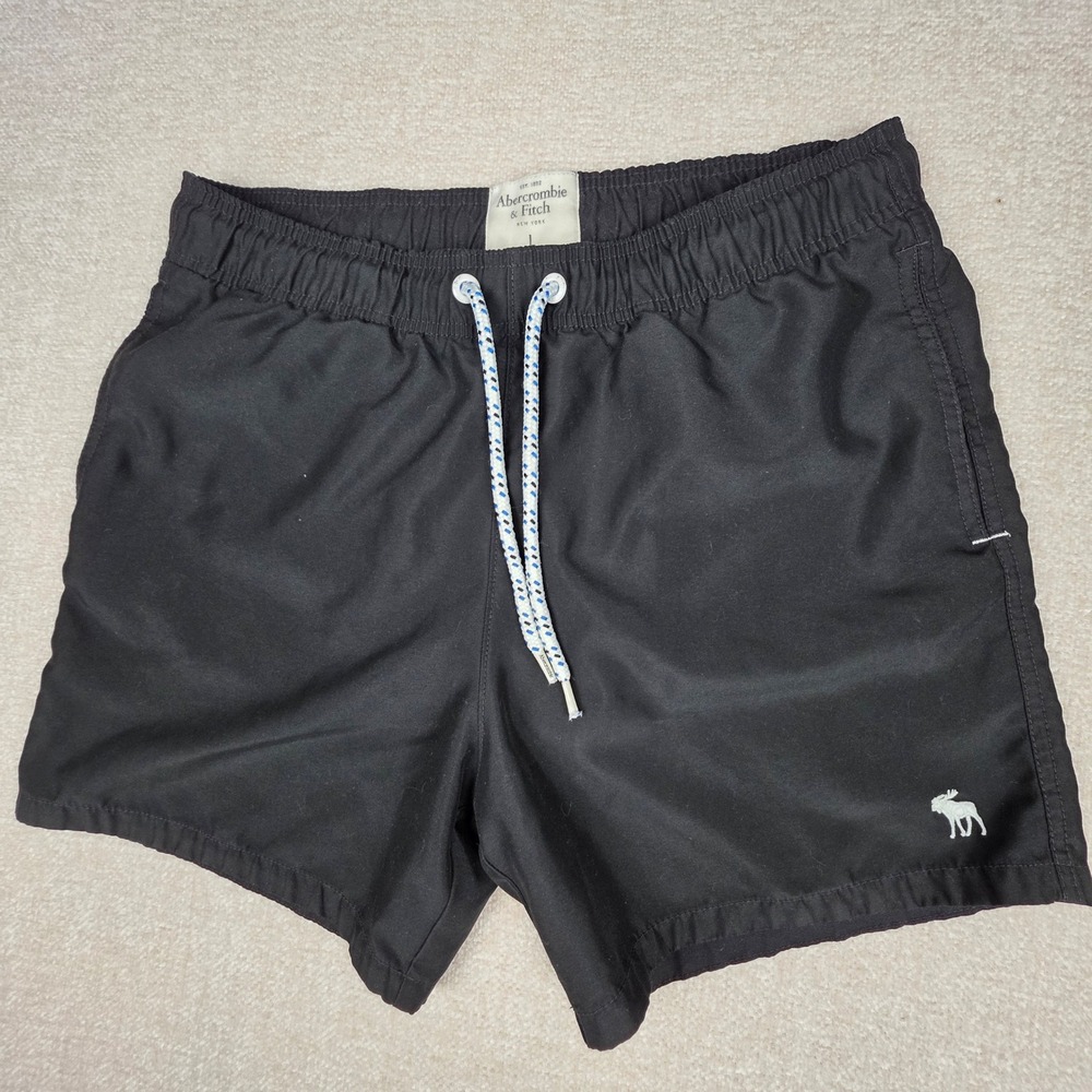 Abercrombie & Fitch Mens Black Swim Trunks Moose Logo Mesh Lined Shorts Size L